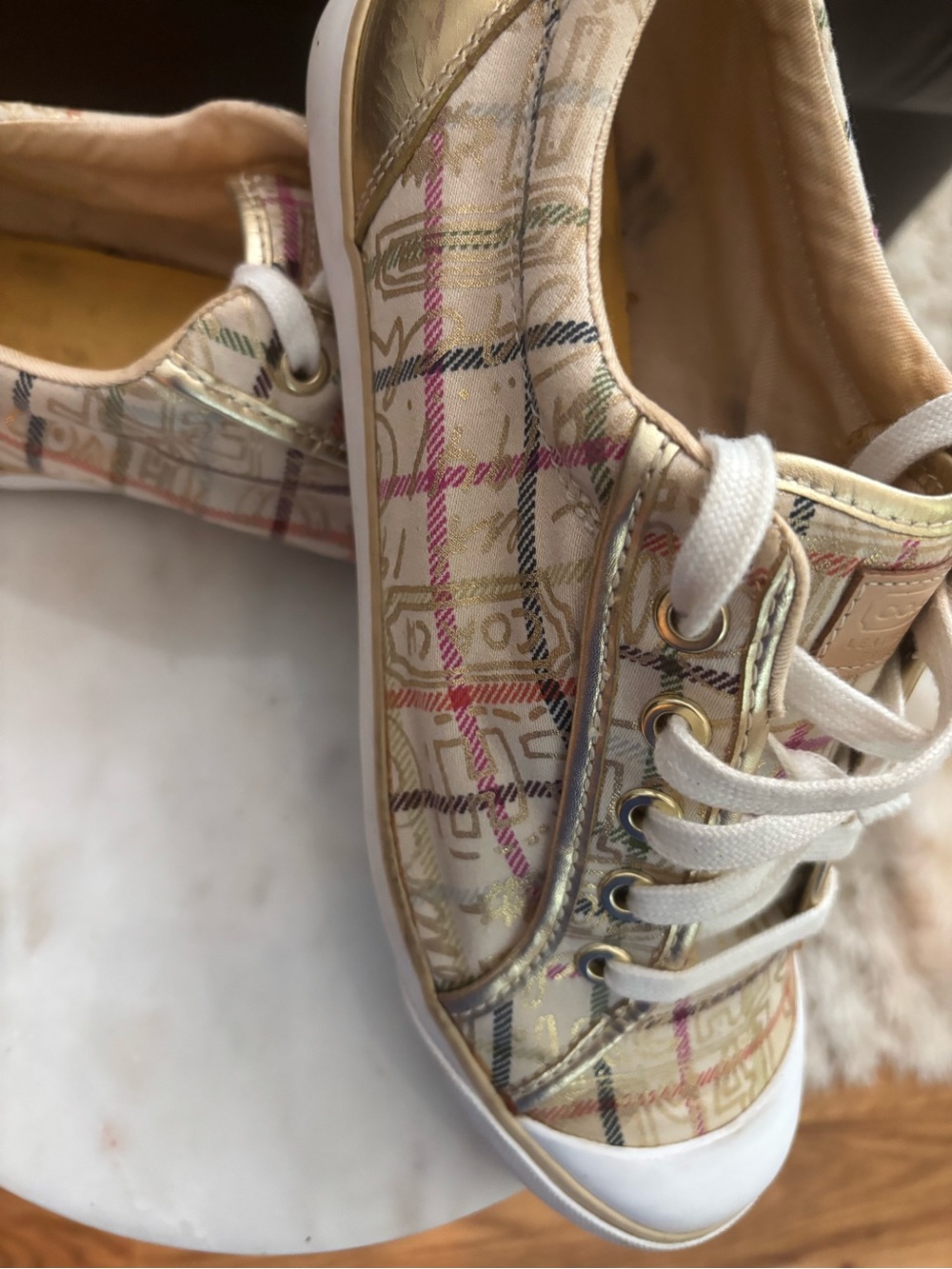 Coach Barrett Cream Plaid Low-Top Sneakers with Multicolor Gold Accents - Picture 2 of 9